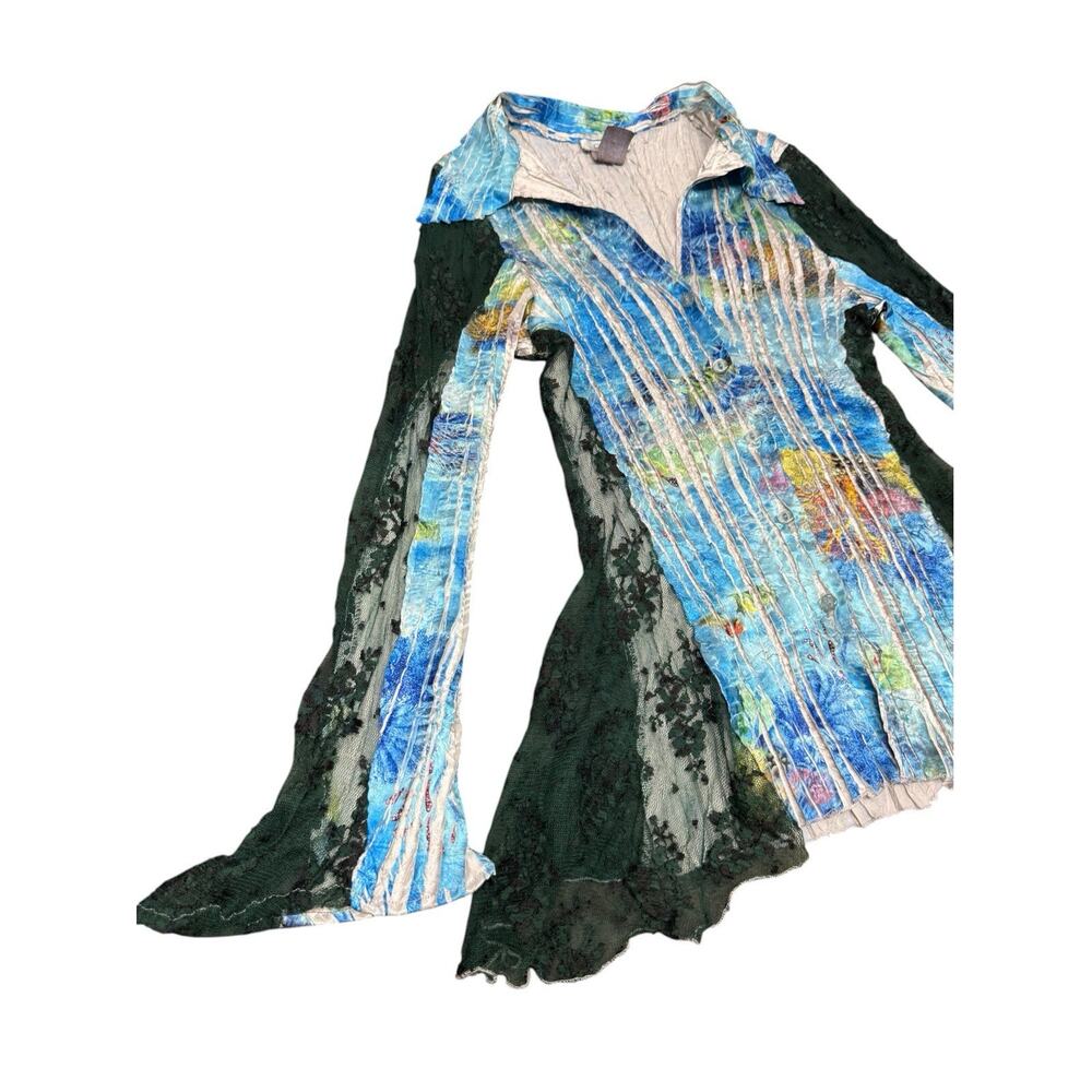 Vintage Y2K Cache Blouse M Floral Lace Bell Sleeve Whimsigoth Pleated Fairy - Picture 6 of 10